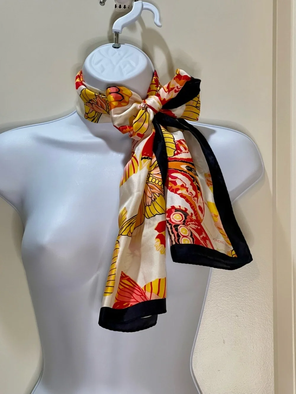 Adrienne Landau 100% Silk Butterfly Print Scarf with Black Trim 11.25x52